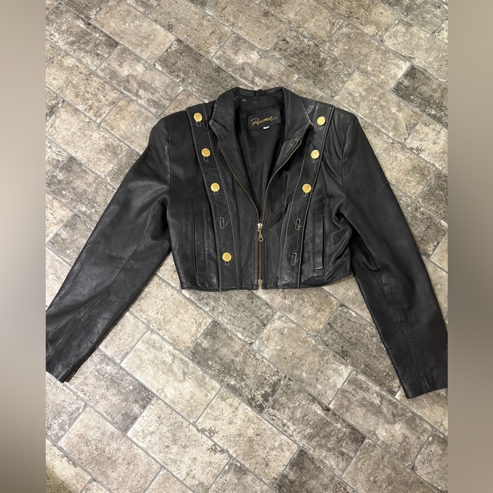 Vintage Rosenthal Black Leather Jacket with Gold Buttons